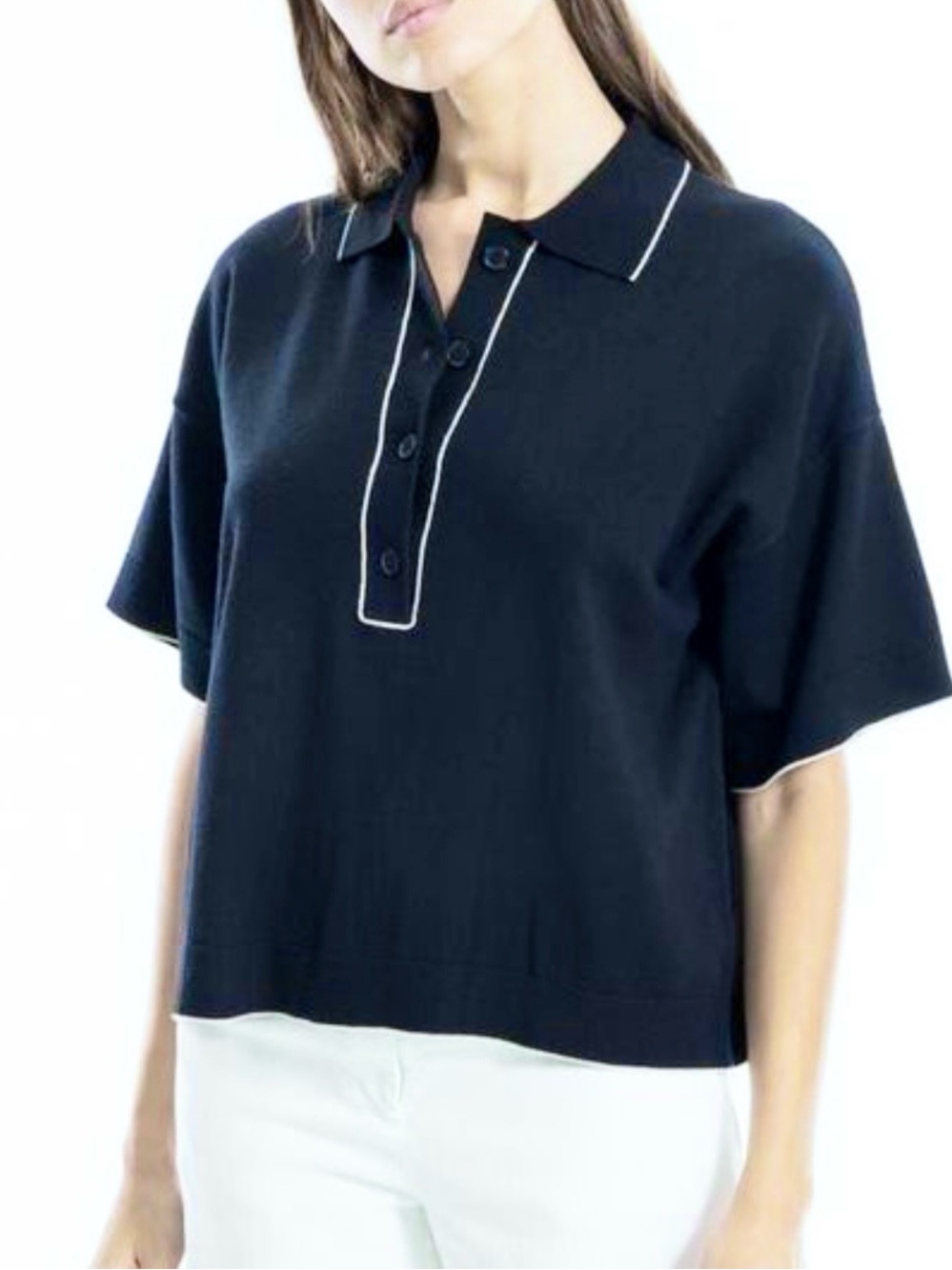 Max Studio Boxy Knit Polo Sweater Women’s L Navy